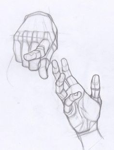 a drawing of two hands reaching for each other with one hand holding the other's thumb