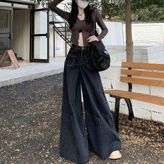 Women Oversized Vintage High Waist Jeans High Street Loose Frayed Wide Leg Jeans Denim Pants Fashion, Streetwear Jeans, Denim Decor, Korean Casual, Denim Fashion Women, Frayed Jeans, Vintage Streetwear, Denim Maxi Skirt, Straight Trousers