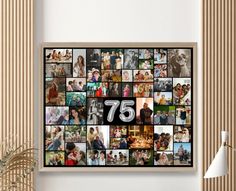 a collage of photos with the number seventy five on it is displayed in a living room