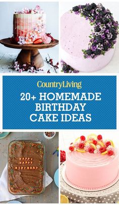 some cakes that are decorated with flowers on them and the words, country living 20 homemade birthday cake ideas