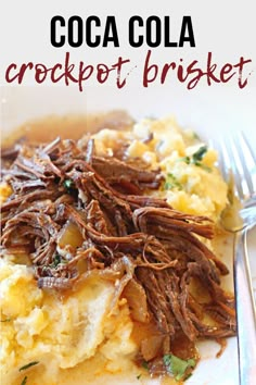 a close up of a plate of food with meat and potatoes on it, text reads cocoa crockpot brisket