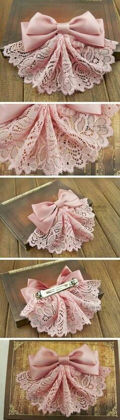 the instructions for how to make a bow with ribbon and lace on wood planks