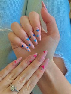 Blue Nails Valentines, Blue And Pink Valentine Nails, Nails Acrylic Gender Reveal, Blue Vday Nails, Blue And Pink Heart Nails, Bright Blue And Pink Nails, Blue Pink Nail Art, Gender Reveal Nails Almond, Baby Pink And Baby Blue Nails