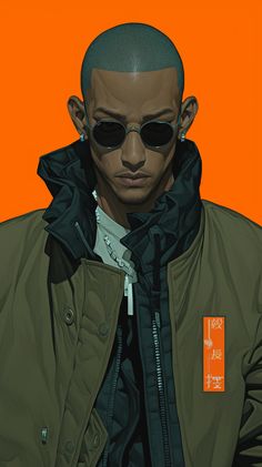 a painting of a man wearing sunglasses and a jacket with an orange tag on it