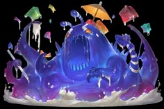 an image of a blue monster with umbrellas in the air