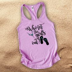 Girls weekend drinking tank/ margarita beach tank/ girls trip summer vacation girls night out shirts featuring Who let the girls out with a margarita and flip flops in pearl metallic teal. The great athletic properties of this super soft cotton/poly tank top is sure to become your favorite tank. • 60% combed ringspun cotton, 40% polyester lightweight jersey• fabric laundered for reduced shrinkage • Racer back detail Summer Racerback Tank Top With Letter Print, Pink Racerback Tank Top For Summer, Cute Tank Top For Summer, Casual Sleeveless Tops For Vacation, Pink Beachwear Tank Top For Vacation, Beach Letter Print Tank Top, Pink Summer Tank Top For Vacation, Summer Pink Tank Top With Letter Print, Pink Letter Print Tank Top For Summer