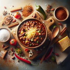 a bowl of chili with cheese and other ingredients on a cutting board next to some spoons