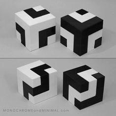 three different types of black and white cubes with one letter e in the middle