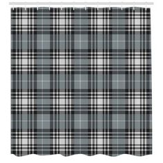 a gray and black plaid shower curtain