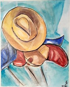 a drawing of a cowboy hat on top of a pair of red boots and a blue background