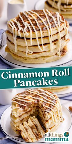 Cinnamon Roll Pancakes collage graphic Hungry Jack Pancakes, Cinnamon Swirl Pancakes, Cinnamon Roll Pancakes Recipe, Lemon Poppyseed Pancakes, Homemade Pancake Mix, Yummy Pancake Recipe, Cinnamon Roll Pancakes, Cinnamon Pancakes, Cream Cheese Glaze