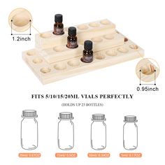 three jars and one bottle on a wooden tray with labels for different bottles, labeled fits $ 1 / 10 / 18ml vias perfectly