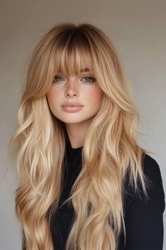 Blonde Face Frame Bangs, Blond Wavy Hair With Bangs, Sabrina Carpenter Blonde Hair, Dynamic Blonde Hair, Bright Blonde Layered Hair, Long Blonde With Bangs, Bangs With Long Hair Blonde, Long Blonde Hair With Bangs Round Face, Long Blonde Hair With Bangs And Layers