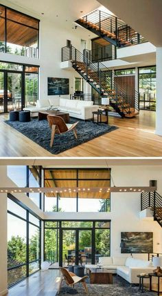 this modern living room has glass walls and wooden floors, while the stairs lead up to the second floor