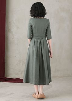 Green A-line Cotton Midi Dress, Green Spring Midi Tea-length Dress, Green Tea Length Midi Dress For Spring, Green Tea-length Midi Dress For Spring, Green Tea-length Spring Dress, Green Tea-length Summer Dress, Knee-length Linen Dress In Solid Color, Solid Color Cotton Linen Midi Dress, Solid Color Tea Length Spring Dresses