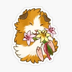 a dog with flowers in its mouth sticker