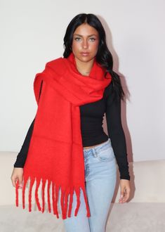 We are obsessed with this oversized red scarf! Not only is it cute but it so cozy. Pair this with any outfit for the ultimate cold time fit. The Details Oversized Fringed Hem Fuzzy Material Dry Clean Only 100% Acrylic Look Winter, Cold Time, Red Scarf, Red Scarves, Winter Looks, Show Me, Winter Scarf, Dry Clean, Red