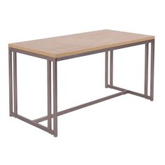 a wooden table with metal legs on a white background