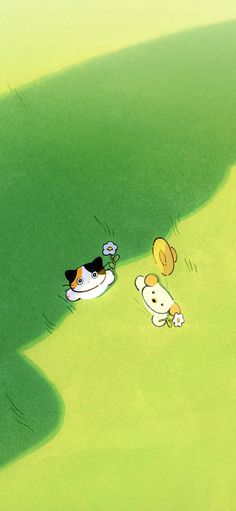 two cartoon characters are playing with each other in the grass and one has a hat on his head