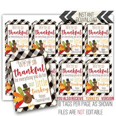 thanksgiving printable tags with the words, we're so grateful for everyone to see