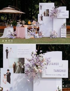 two pictures of the same wedding venue with flowers and photos on display at different times