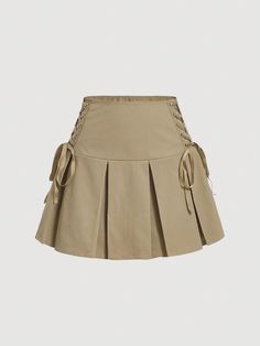 Lace Up Side Pleated Skirt Khaki Casual   Woven Fabric Plain Pleated Non-Stretch  Women Clothing, size features are:Bust: ,Length: ,Sleeve Length: Pleaded Skirt, Fashion Illustrations Techniques, Khaki Skirt, Silk Stockings, Normal Clothes, Really Cute Outfits, Retro Outfits, Cute Fashion, Pleated Skirt