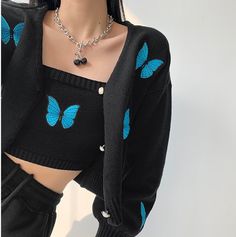 Pattern Street Style, Butterfly Cardigan, Lantern Sleeve Sweater, Hot Sweater, Cardigan Set, Black Hearts, Womens Camisoles, Embroidered Butterfly, Knitting Women Cardigan