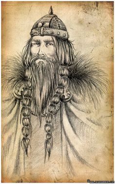 a drawing of an old man with long hair and beard wearing a hat on top of his head