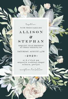 a wedding card with flowers and greenery on the front, in white lettering that reads,