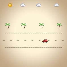 a red car driving down the road with palm trees and clouds in the sky behind it