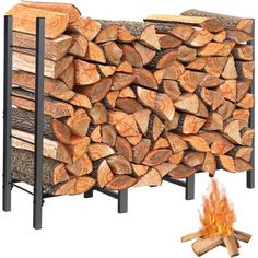 a firewood rack with logs stacked next to it