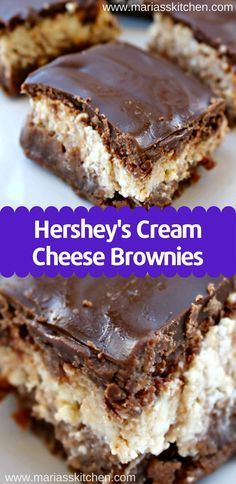 three pieces of cheese brownies on a white plate with the words hershey's cream cheese brownies