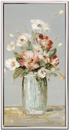 a painting of white and pink flowers in a glass vase