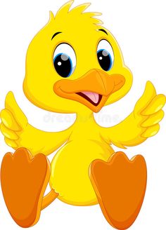 a cartoon yellow duck sitting on the ground with his hands in the air and smiling