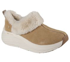 Elevate your style and comfort wearing Skechers Max Cushioning Elite 2.0 - Snowy Summit. This easy-on indoor/outdoor slipper design features a suede upper with faux-fur trim and lining, stitched top seam detail, lightweight ULTRA GO cushioning, plus a Skechers Air-Cooled Goga Mat insole. | Skechers Women's Max Cushioning Elite 2.0 - Snowy Summit Slipper | Medium Width | Skechers Max Cushioning design for exceptional comfort and support | Lightweight, responsive ULTRA GO cushioning | Skechers Air Technology Clothes, Slipper Design, Indoor Outdoor Slippers, Outdoor Slippers, Designer Slippers, Lace Up Wedges, Wide Shoes, Skechers Women, Comfort Wear