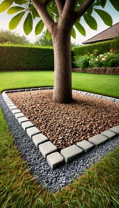 a small tree sitting in the middle of a graveled area next to a green lawn