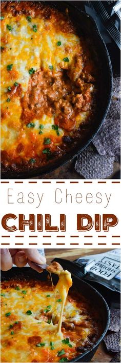 an easy cheesy chili dip recipe with cheese on top and in a skillet