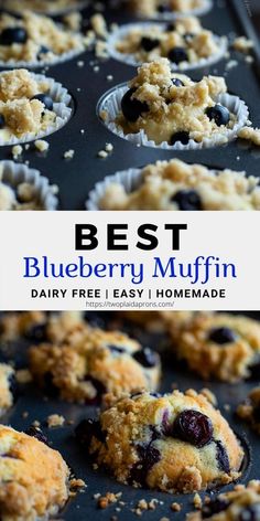 blueberry muffins are sitting on top of a baking sheet with the title above it