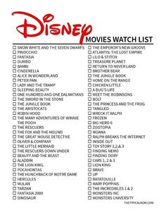 the disney movies watch list is shown in red and black with words that read,