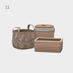 three woven baskets with handles and lids are shown in different sizes, shapes and colors