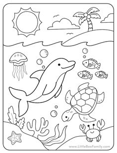 an ocean scene with dolphins and sea animals coloring pages for kids to print out on