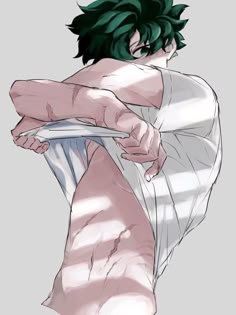 an anime character with green hair and white shirt holding his arms out to the side