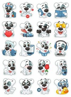 cartoon dog stickers with various expressions and designs on them, all in different colors