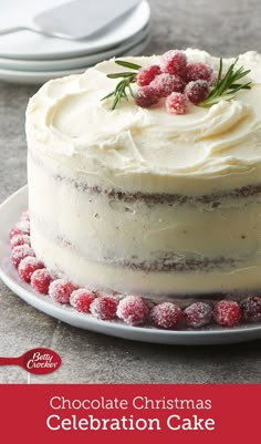 a cake with white frosting and cranberries on top is sitting on a plate