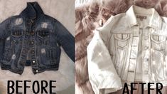 White Denim Jacket Diy, Bleach Jean Jacket Diy, How To Bleach Denim Jacket, Diy Cropped Jacket, Bleaching Denim Jacket, Bleach Denim Jacket Diy, Bleaching Denim, Black Jean Jacket Outfits, Bleached Denim Jacket