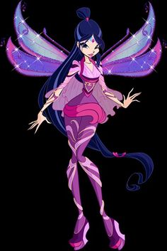 a cartoon character with purple hair and wings on her body, standing in front of a black background