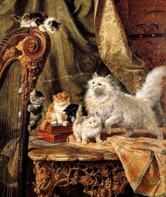 a painting of cats and kittens sitting on a table next to a harp