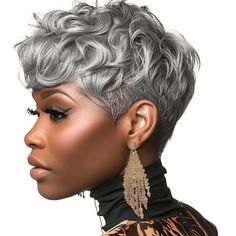 PRICES MAY VARY. Worried that your wispy locks can't accommodate a bold short hairstyle? The combination of pixie cut hair and Gray color can give you a smart and elegant look at the same time. The fun of pixie cut wigs is that you can DIY. You will need to tease and style to get the look in pictures. You can use your fingers to create beautiful styles. The hair is full curls in the top and tapered cut in the back. Versatile, just style and go! Try a short pixie cut wig, because it's an excellen Grey Wigs For Black Women, Short Grey Wigs, Black Women Pixie Cut, Hairstyles For Seniors, Grey Wigs, Women Pixie Cut, Short Pixie Wigs, Short Cut Wigs, Pixie Cut Wigs