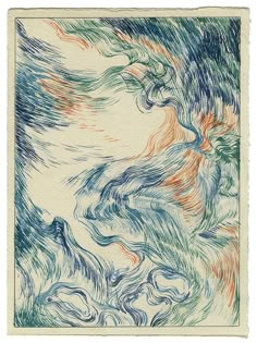 an abstract painting with blue, orange and green colors on white paper in the shape of waves