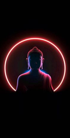 a buddha statue in the dark with neon lights on it's face and head